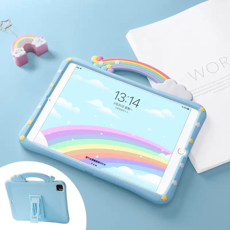 Rainbow Cute Kids Shockproof Protective Drop-Resistant Bridge Silicone Tablet Case Stand For Cases For Ipad Case