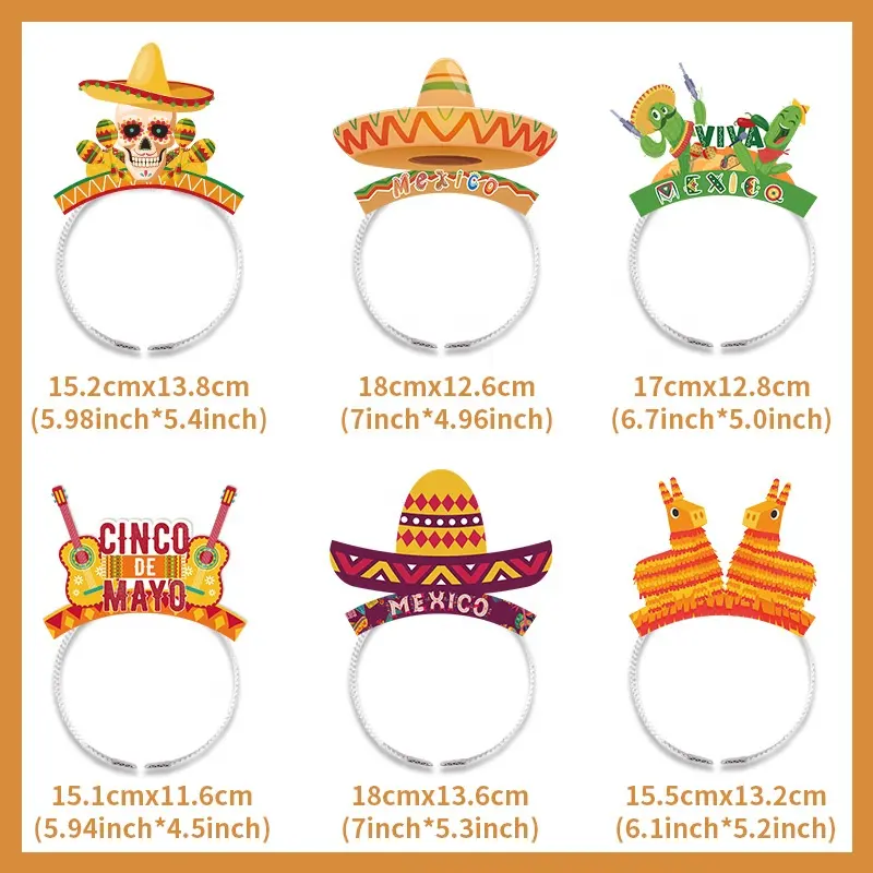 Tiara de papel para festa com tema mexicano, 6 peças, adereços para fotos, carnaval, cabeça de criança, material decorativo