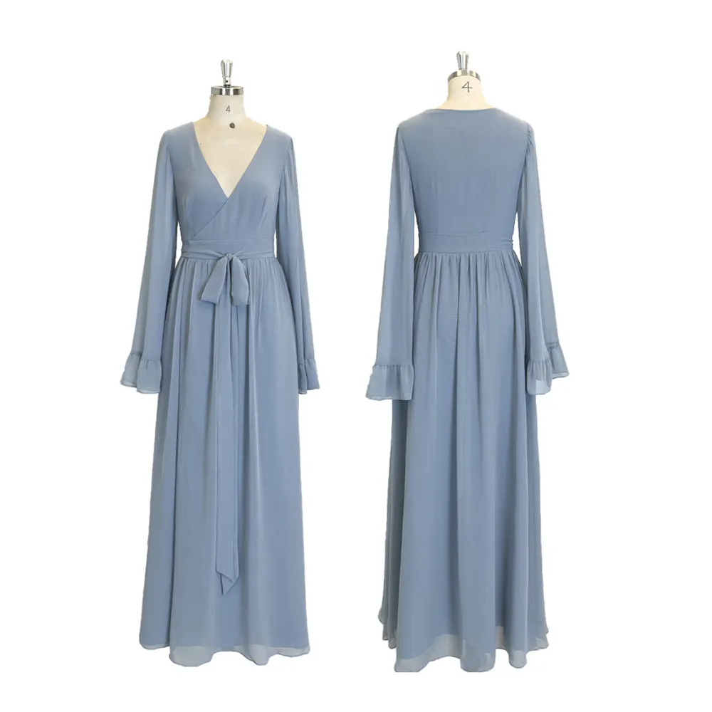 TEENYEE elegante abito da sera a manica lunga in Chiffon blu polveroso abiti avvolgenti da damigella d'onore per donne che guidano ragazze