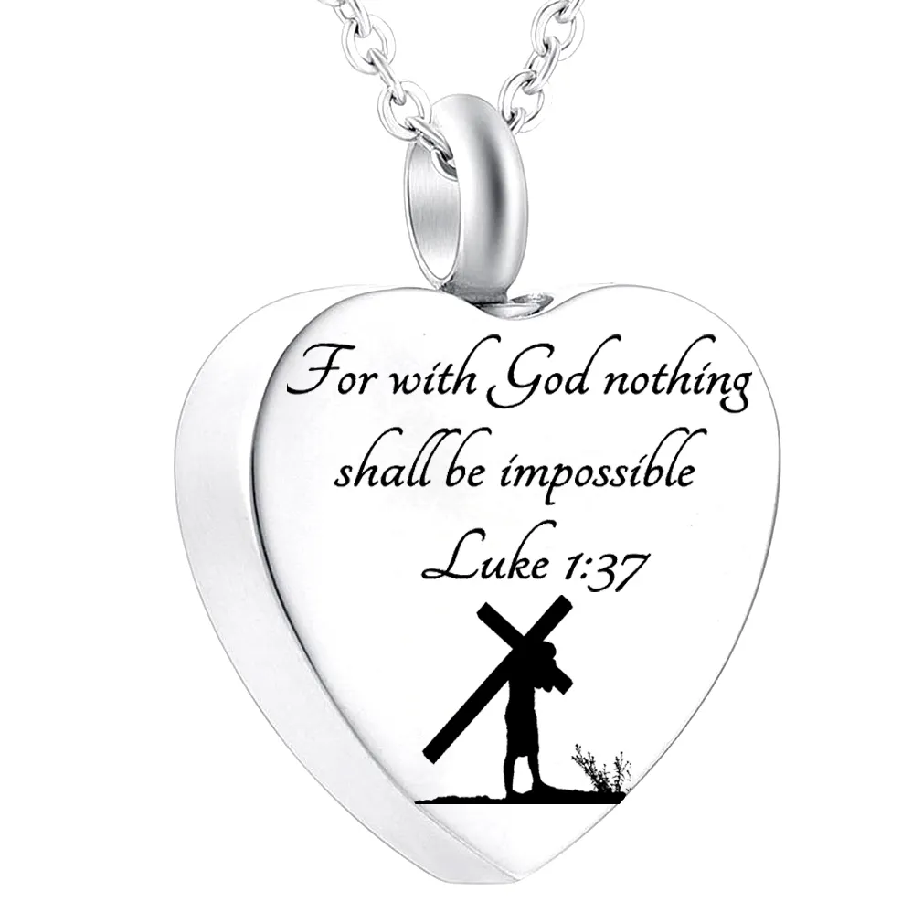 Engraved Cross Stainless Steel Heart Ashes Pendant Necklace For Mem Memorial Jewelry-For With God Nothing Shall Be impossible