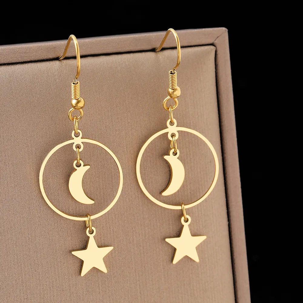 Boucles d'oreilles en acier inoxydable pendentifs élégants et exquis étoiles et lune boucles d'oreilles pendantes de luxe légères à la mode coréenne pour femmes bijoux cadeaux