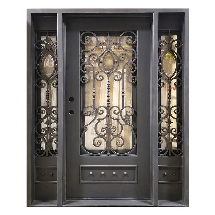 Puerta de metal individual de seguridad exterior moderna, puertas de entrada frontal de tormenta de hierro forjado de estilo francés personalizado con luces laterales