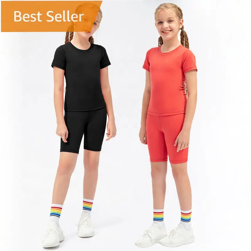 Conjunto de ropa deportiva para niños y niñas, pantalones cortos atléticos de colores puros, atuendo de baile, camisa de manga corta, camisetas, entrenamiento, Fitness, yoga, 2 uds.