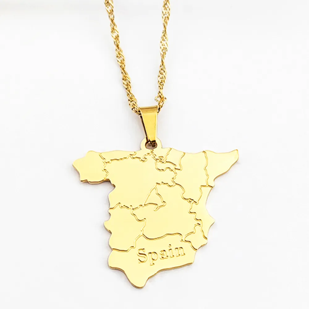 Colar com pingente de Espanha banhado a ouro 18K, colar minimalista em aço inoxidável com mapa da Espanha, joia com mapa da Espanha