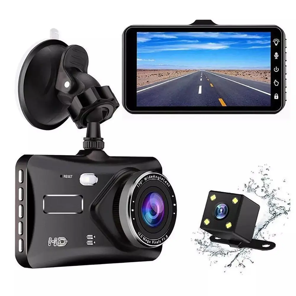 Toque a tela traço cam 4 "hd 1080p lente dupla carro DVR gravador frontal e traseira câmera visão noturna