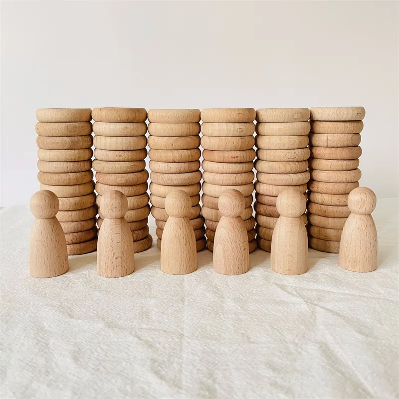 Juego de anillos y monedas de madera de 4cm para niños, bloques de juego de Punta abierta, juguetes Montessori para bebés, juego de apilamiento en casa, piezas sueltas