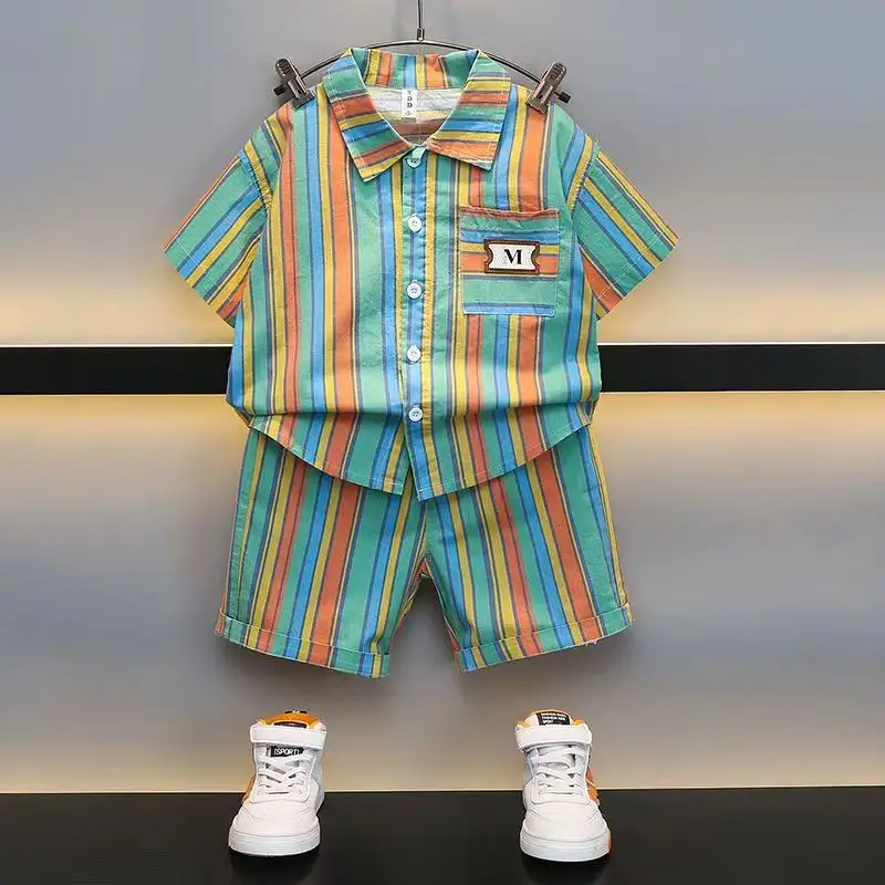 2024 Summer Fashion Children Wear 2pcs Shirt and Shorts Striped Casual Teenagers Boys Clothing Sets