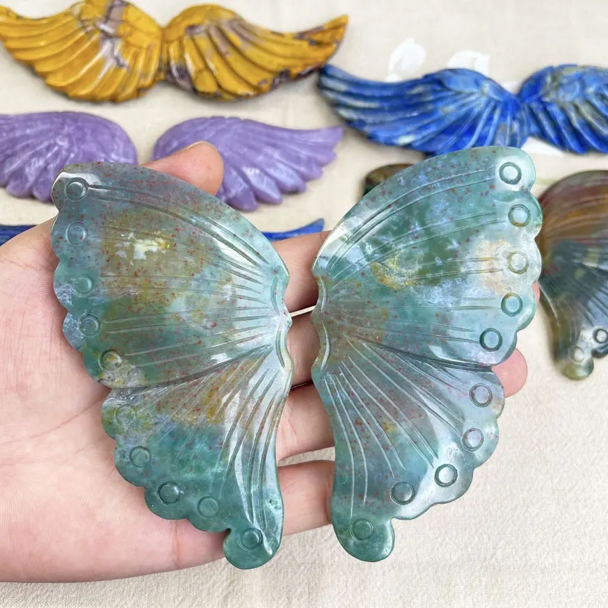 Enfeite de asas de anjo de cristal natural, enfeite de borboleta, asas de jasper do oceano