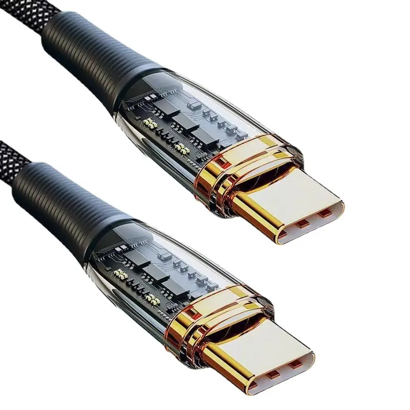 Kabel Data Pd 100w, kepang nilon transparan pengisian cepat USB Tipe C ke Tipe C untuk ponsel Huawei Xiaomi Vivo Oppo