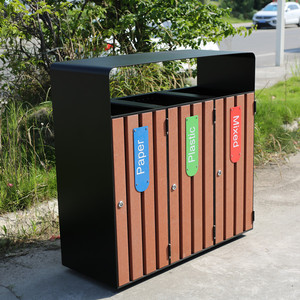 Cubo de basura clasificado al aire libre, cubo de basura de reciclaje de clasificación pública, cubo de basura exterior para jardín, 3 compartimentos, cubo de basura de madera WPC
