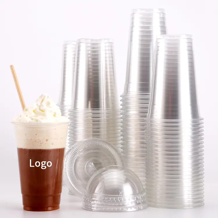 कस्टम 7 8 9 10 12 16 20 oz गुंबद फ्लैट ढक्कन के साथ डिस्पोजेबल प्लास्टिक पालतू कप vasos desechables आइस्ड कॉफी कप डिस्पोजेबल