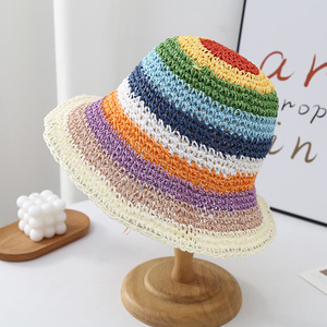 Women Sun Hat Colorful <strong>Rainbow</strong> Colors Knitted Stripe Sun Protection Women Foldable Straw Hat Headwear - Product Image 3