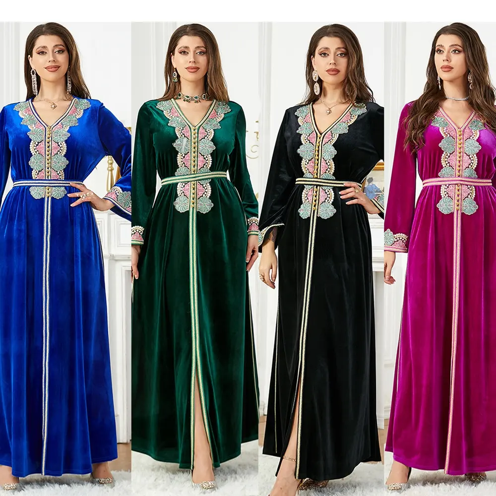 3771 2023 अबाया दुबई सर्वाधिक बिकने वाली मखमली एप्लिक अबाया महिला मुस्लिम पोशाक लंबी आस्तीन शीतकालीन गाउन मुस्लिम पोशाक