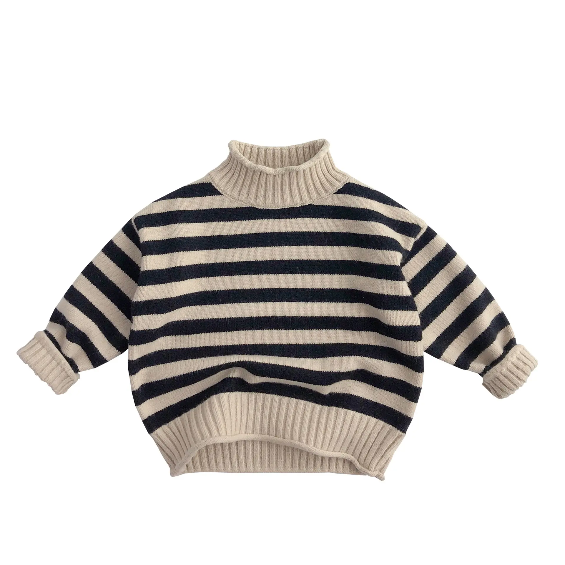Moda a rayas de cuello alto para niños suéteres primavera otoño cuello enrollado diseño niños suéteres ropa para niños