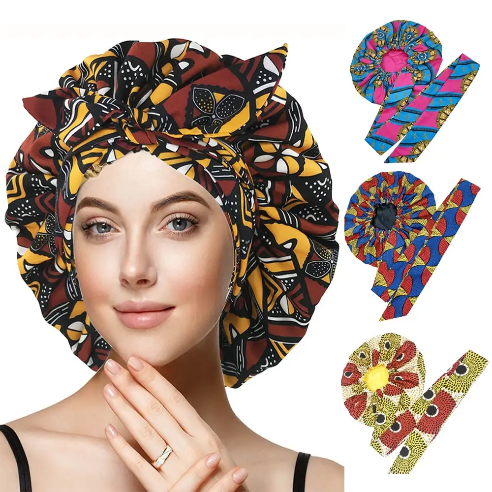 Yeni afrika Ankara desen saten kaplı Bonnet kadınlar uzun şerit Headwrap çift katmanlı başörtüsü büyük boy yetişkin saç kapağı