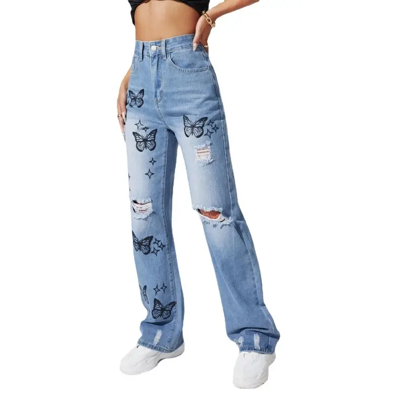 Bordado de mariposa Ripped Destroyed Hole Design Straight Mon Fit Jeans para mujer