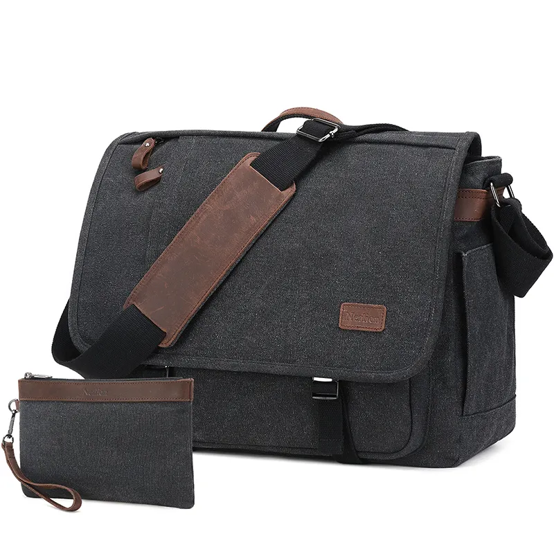 Nerlion OEM Custom Logo Strap Crossbody School Laptop Single Leather Men Shoulder Bag Canvas Messenger Bag