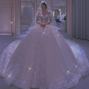 Vestido de novia de cola larga para mujer, vestido de baile de encaje nupcial, vestidos de novia de lujo con brillo extremo, vestidos de novia bordados para sirvienta