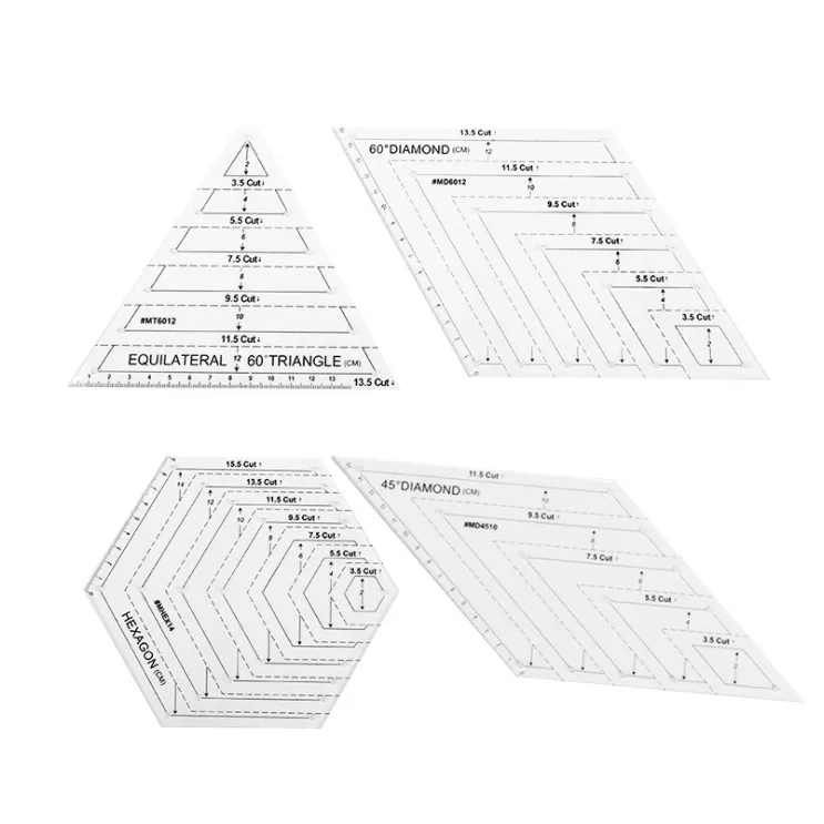 Regla acrílica para acolchar, juego de herramientas de dibujo hechas a mano, forma de diamante hexagonal triangular trapezoidal, regla de 45 grados y 60 grados