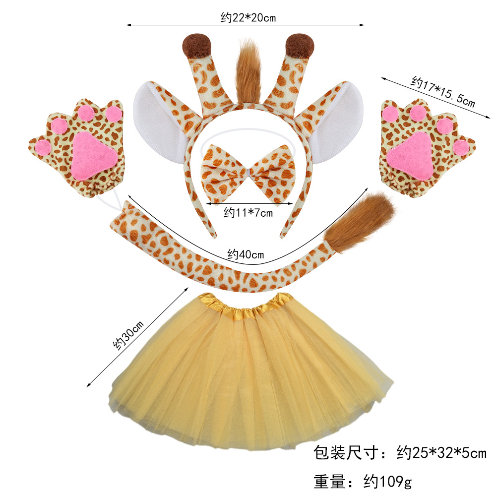 Oreilles de girafe jaunes avec cheveux, gants 3 pièces - robe voile doré