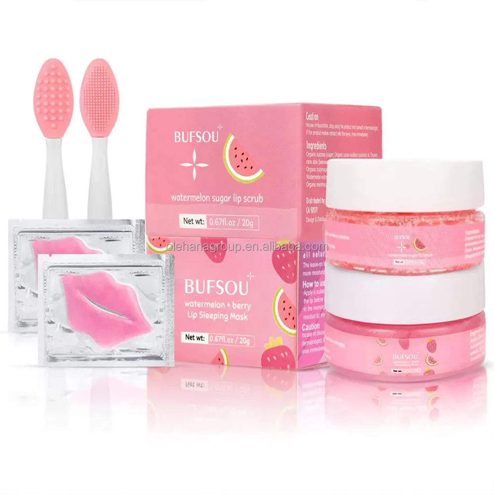 Hete Verkopende Lipverzorgingsset Cadeauset Alle Natuurlijke Watermeloen Suiker Scrub Kersen Hydraterende Lip Slaapmasker 6 In 1 Lipverzorgingsset