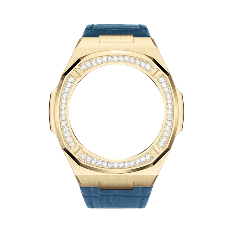 boîtier doré-bracelet en cuir bleu