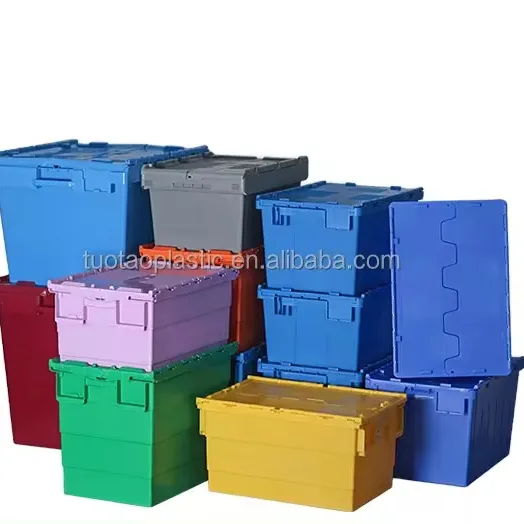 Plastic Moving Crate Attached Lid Container Storage Transport Stackable Eco-friendly Nestable Trunover box