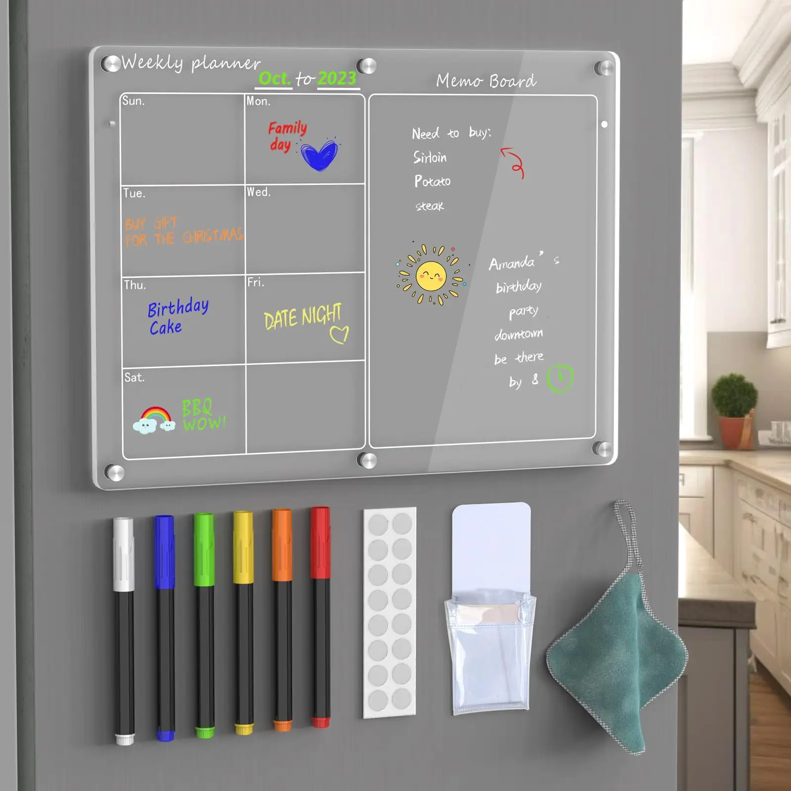 Kalender akrilik untuk kulkas 15.7x11.8, perencana mingguan magnetik bening untuk kulkas dengan 6 warna spidol cair