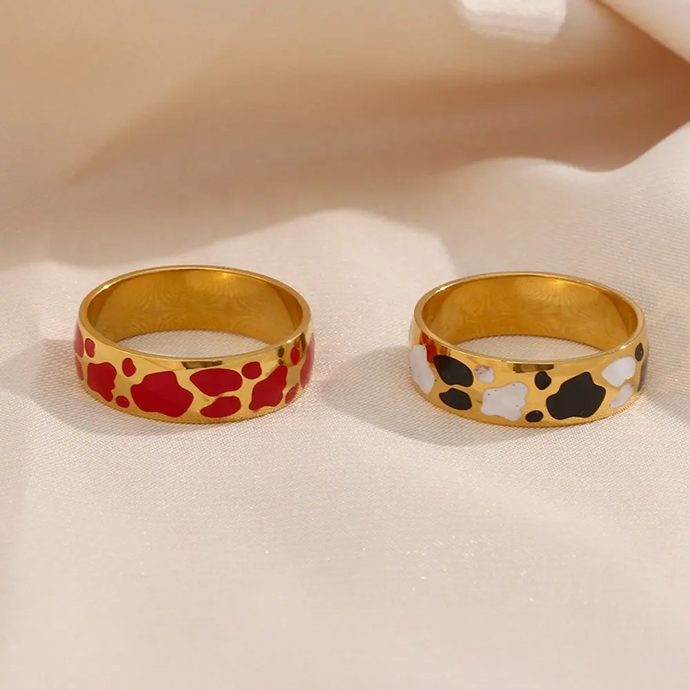 The Cow Grain Spots Lines Bright Enamel Colored Rings Stainless Steel Ring Gold Plated Stainless Steel Rings High End