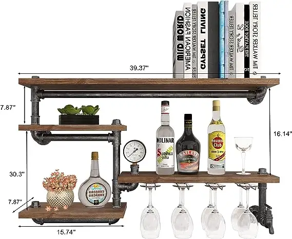 Prateleira De Tubulação Industrial Wine Rack Montado Na Parede com 4 Stem Suporte De Vidro Rústico Metal Flutuante Bar Prateleiras Prateleira De Parede Para Cozinha