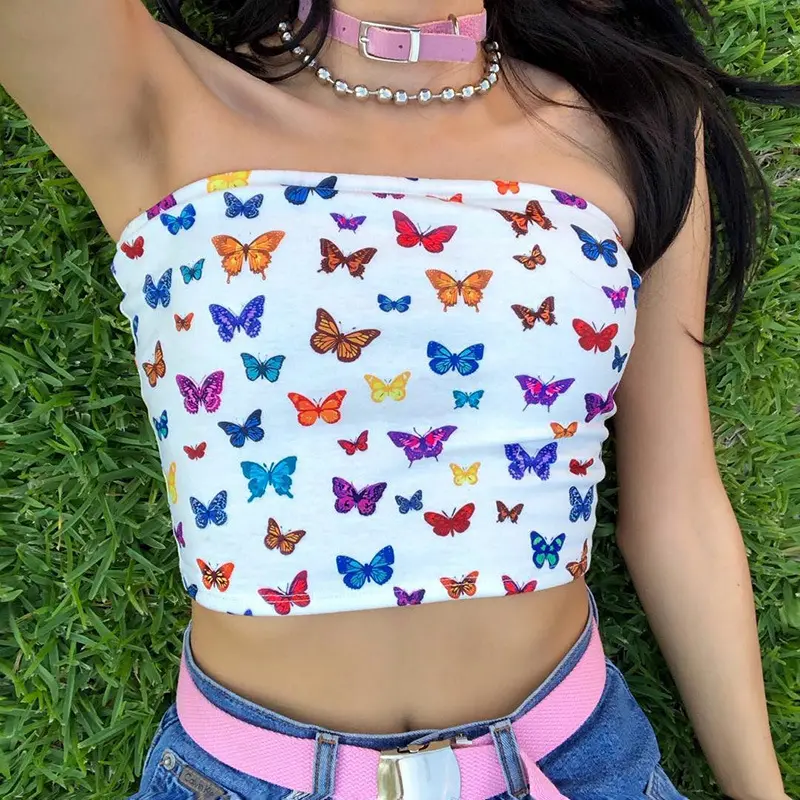 Sexy Multicolor de la mariposa sin tirantes cuello barra 2019 de moda verano Slim Tops mujer Streetwear Top para mujer