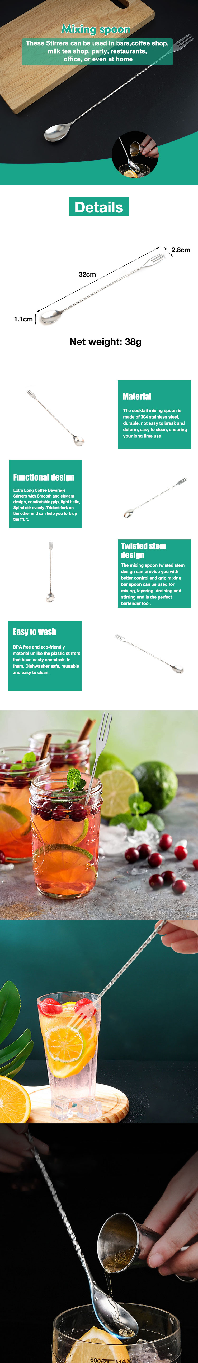 WELLSUIT Multipurpose Heavy Duty Durable 304 Stainless Steel Twisted Cocktail Mixing Spoon With Long Handle For Bartender Party