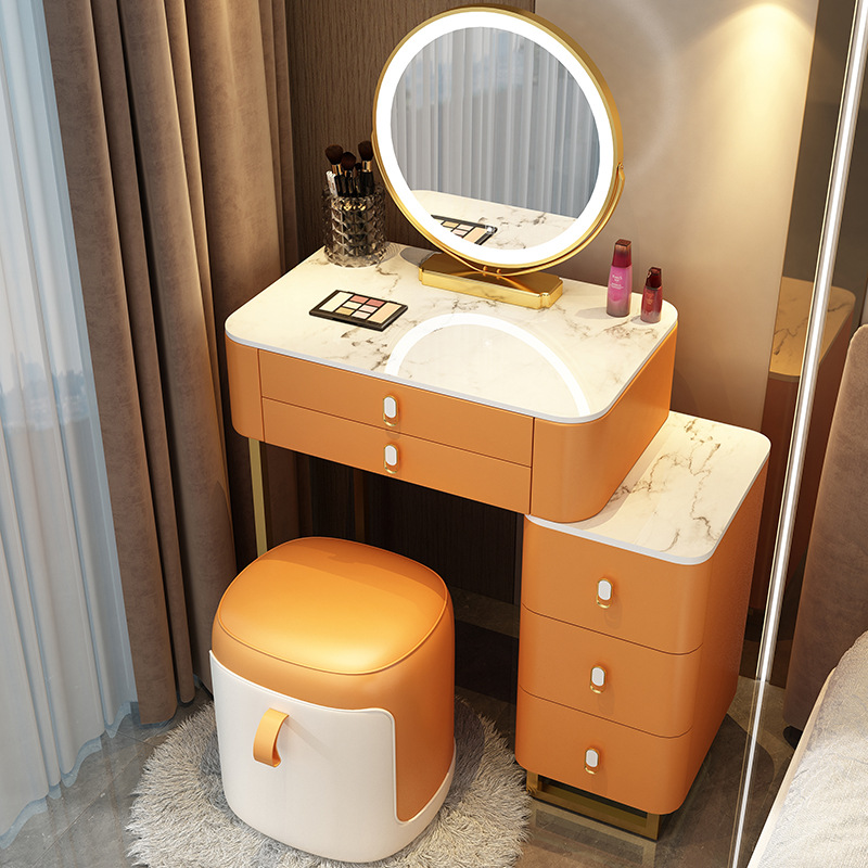 Table de rangement intelligente avec miroir, tabouret, or orange 06m.