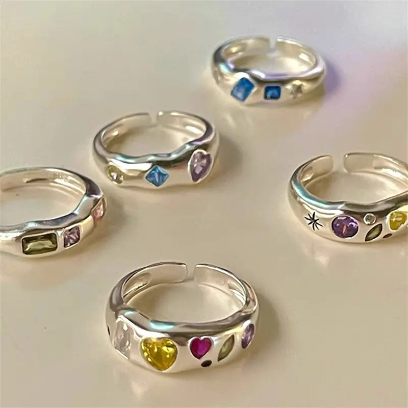 Best New Selling Silver Plated Irregular Colorful Love Heart Zircon Open Finger Rings Girl Fashion New Jewelry Lady Gift Party