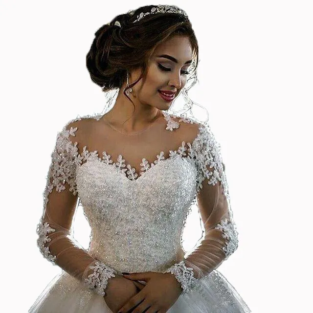 Nouveau style col carré longue queue robe de mariée à manches longues dentelle africaine sequin robe de mariée