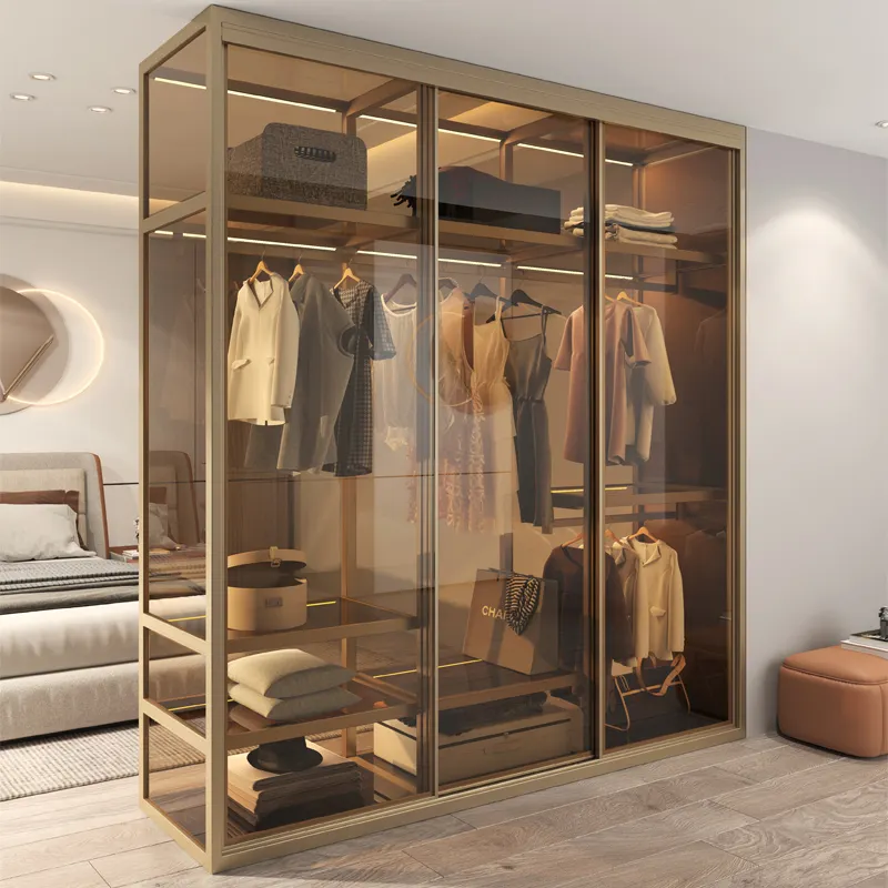 Quarto personalizado Fácil Montar Interior Tinted Deslizante Vidro Fosco Portas Espelhado Roupas Alumínio Perfil Closet Wardrobe