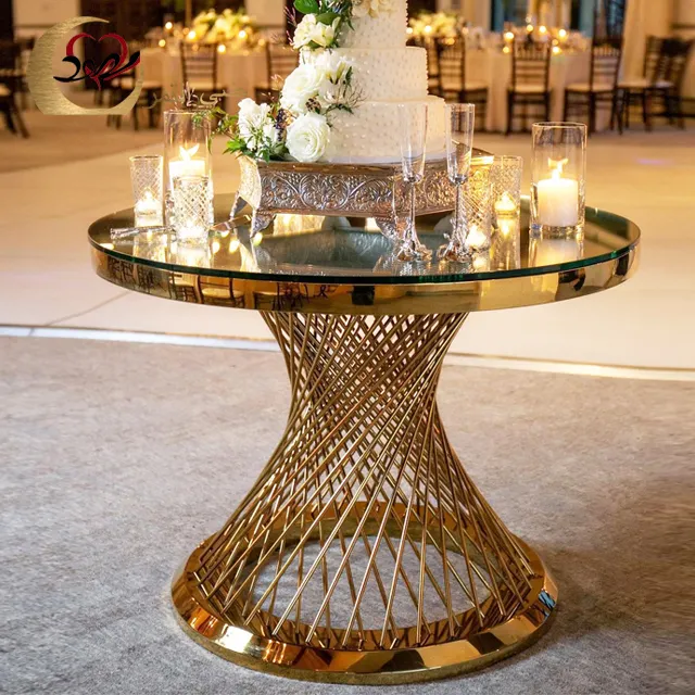 Düğün mobilyası altın tasarım paslanmaz çelik yuvarlak kek masa