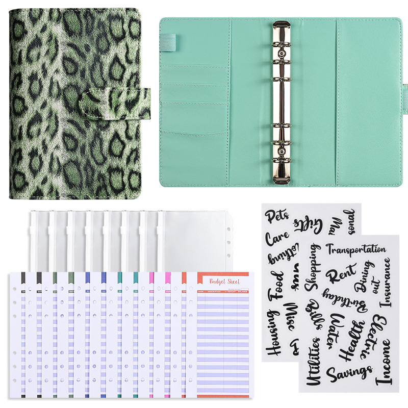 standard gift pack-12 leopard-print green cards-8 zip bags-2 sti