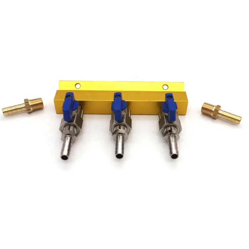High Pressure Aluminum Alloy yellow 1/4 NPT gas manifold Distribution CO2 Spliter with brass ball valve