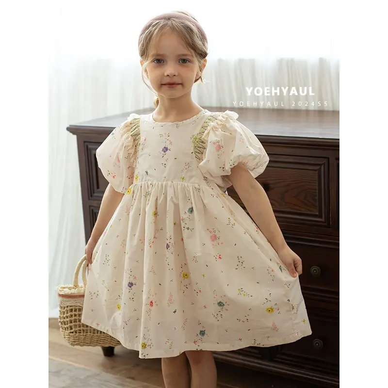 YOEHYAUL Wholesale 100% Cotton Floral Summer Girl Kid Dress Child Custom High Quality Puff Sleeve Toddler Kids Dresses for Girl