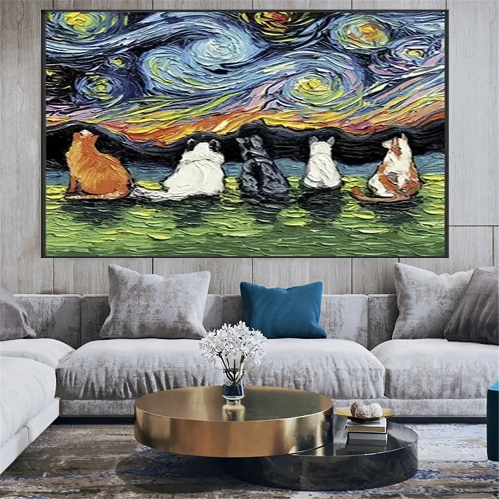 Decoración de pared cuadro pintado a mano Animal gato cielo estrellado paisaje pintura al óleo reproducciones Van Gogh