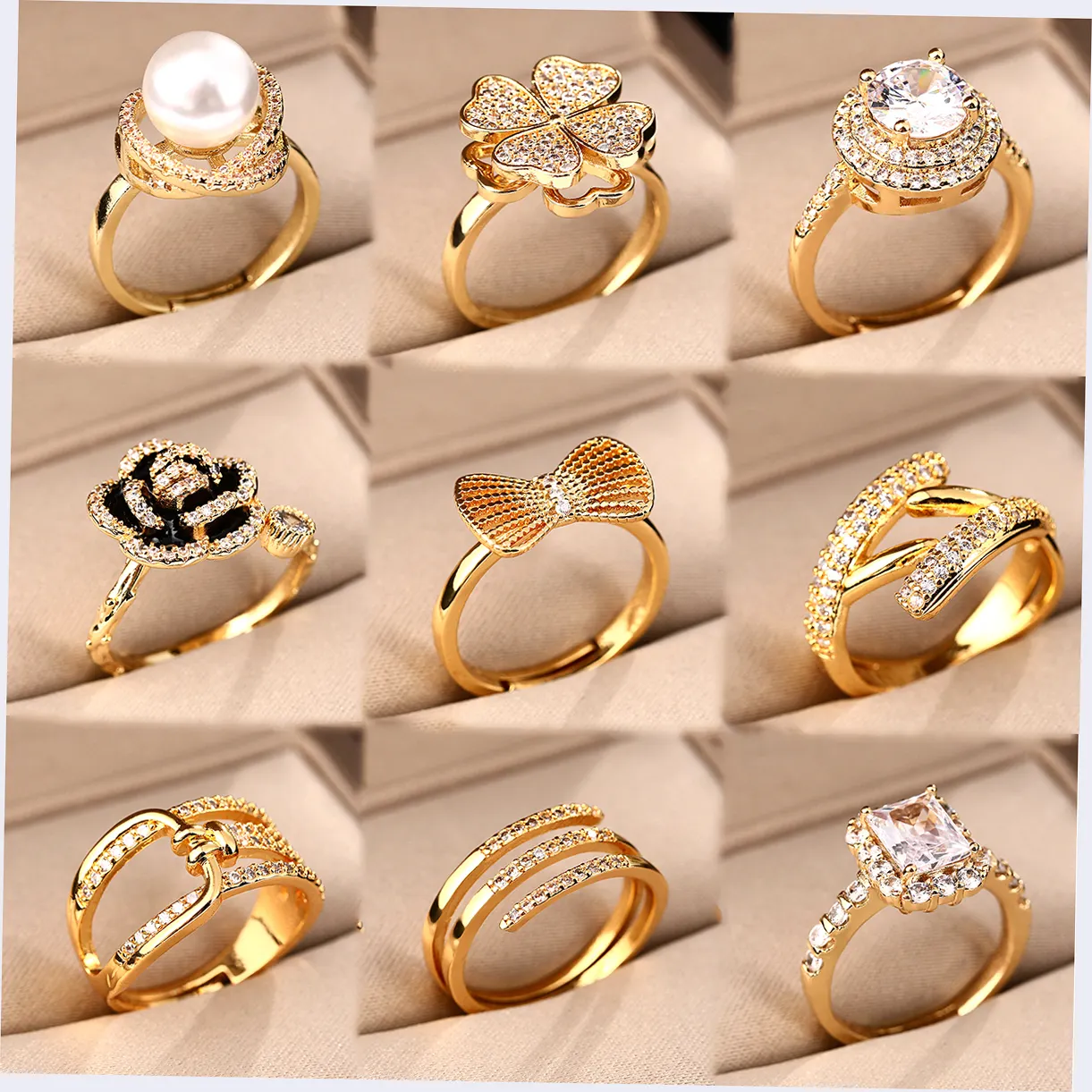 Luxe véritable plaqué or perle Zircon trèfle fleur coeur ouvert doigt bague de fiançailles femmes Cz lettre arc Knuckle anneau pour cadeau