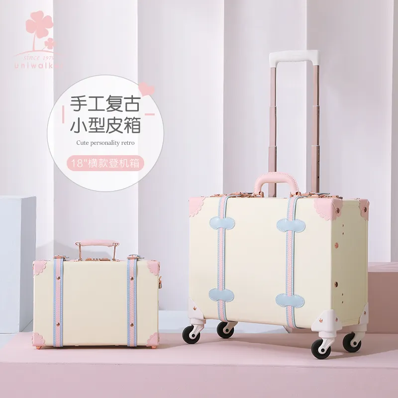 18 inç yüksek kaliteli PU deri alüminyum çerçeve açılış arabası bagaj bavul el yapımı moda vintage bagaj