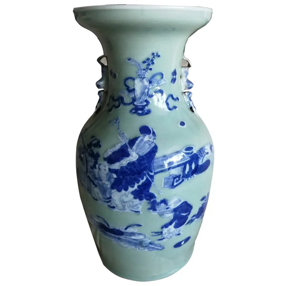 Ancien vase en céramique blanc et bleu de la dynastie Ming antique chinoise