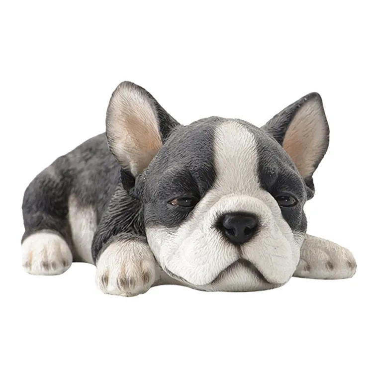 Venta al por mayor cachorro de dormir figurita de bulldog de resina, estatua de perro realista de poliresina frenchie bulldog/