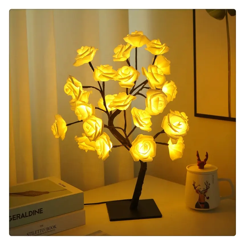 Longstar Offres Spéciales lampe de table bonsaï lampe de bureau Rose arbre de noël lumière artificielle Rose arbre de noël lumière LED