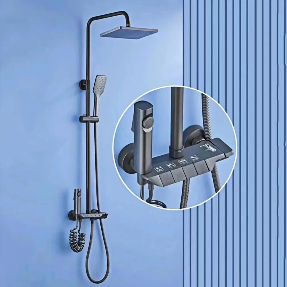 Ducha de baño de plástico expuesto Válvula de control de piano de 4 vías Juego de ducha de lluvia termostática con cabezal de ducha redondo, gris pistola
