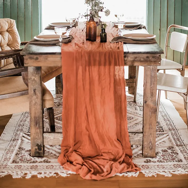 La cena de Navidad óxido 100% gasa de algodón corredor de la tabla de descuento decoración de la boda de muselina azul servilletas y corredor de la tabla de conjuntos