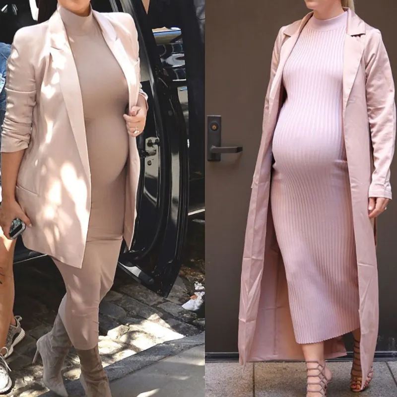 Vestido de maternidad de talla grande para mujer embarazada, ropa de maternidad de manga larga ajustada de punto de algodón