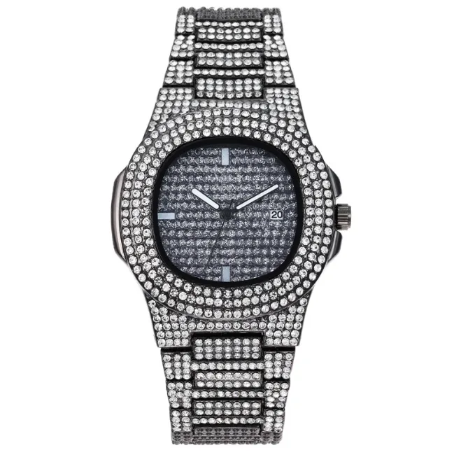 Vendita calda grosso bracciale a catena cubana orologio con diamanti di ghiaccio per uomo di lusso lucido strass CZ orologi regalo